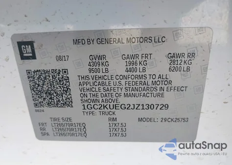 2018 Chevrolet Silverado 2500Hd Wt z USA, uszkodzony, nr VIN 1GC2KUEG2JZ130729